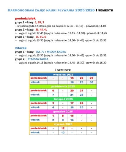 Basen I semestr 2025.26 1 HARMONOGRAM ZAJĘĆ NAUKI PŁYWANIA 2025/2026 I SEMESTR Basen I semestr 2025.26 1 HARMONOGRAM ZAJĘĆ NAUKI PŁYWANIA 2025/2026 I SEMESTR