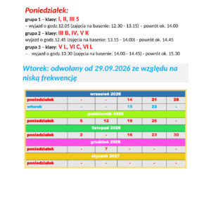 Basen I s. 2026.27.1 Harmonogram zajęć nauki pływania - I semestr 2026/27 rok. szk. Basen I s. 2026.27.1 Harmonogram zajęć nauki pływania - I semestr 2026/27 rok. szk.